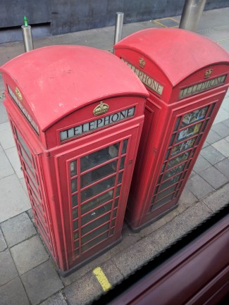 A photo of classic telephone booths.
