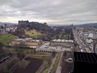 This photo was taken from the top of a massive monument in downtown Edinburgh, Scotland. In the far left of the picture, you can see Edinburgh Castle.